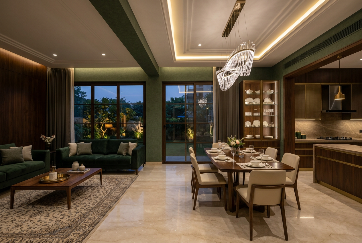 Luxury KGN interior with lobby, chandelier, dining table, crockery display and modular kitchen