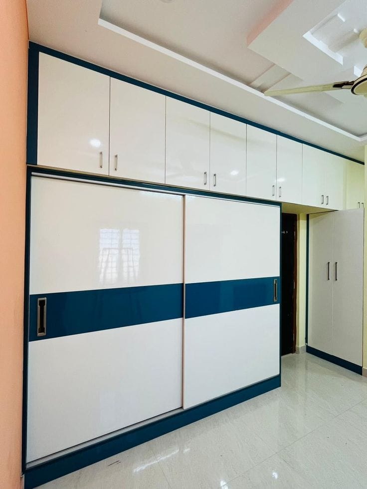 White & Navy Sliding Cupboard